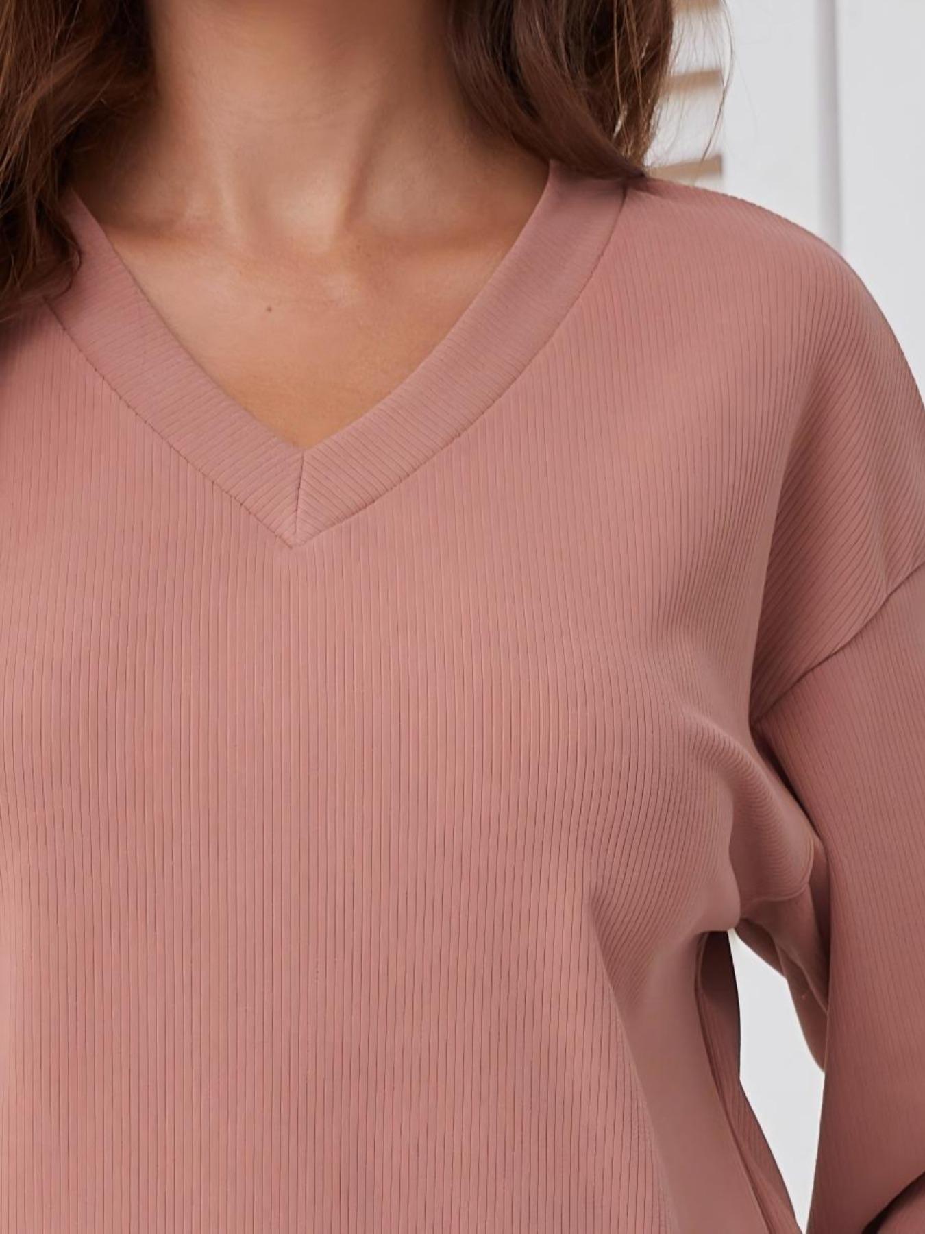 Women's 2-Piece Matching Set V-Neck Knit Top & Pants with Pockets, Casual Loose-Fitting Autumn Winter, Home Wear or Outerwear