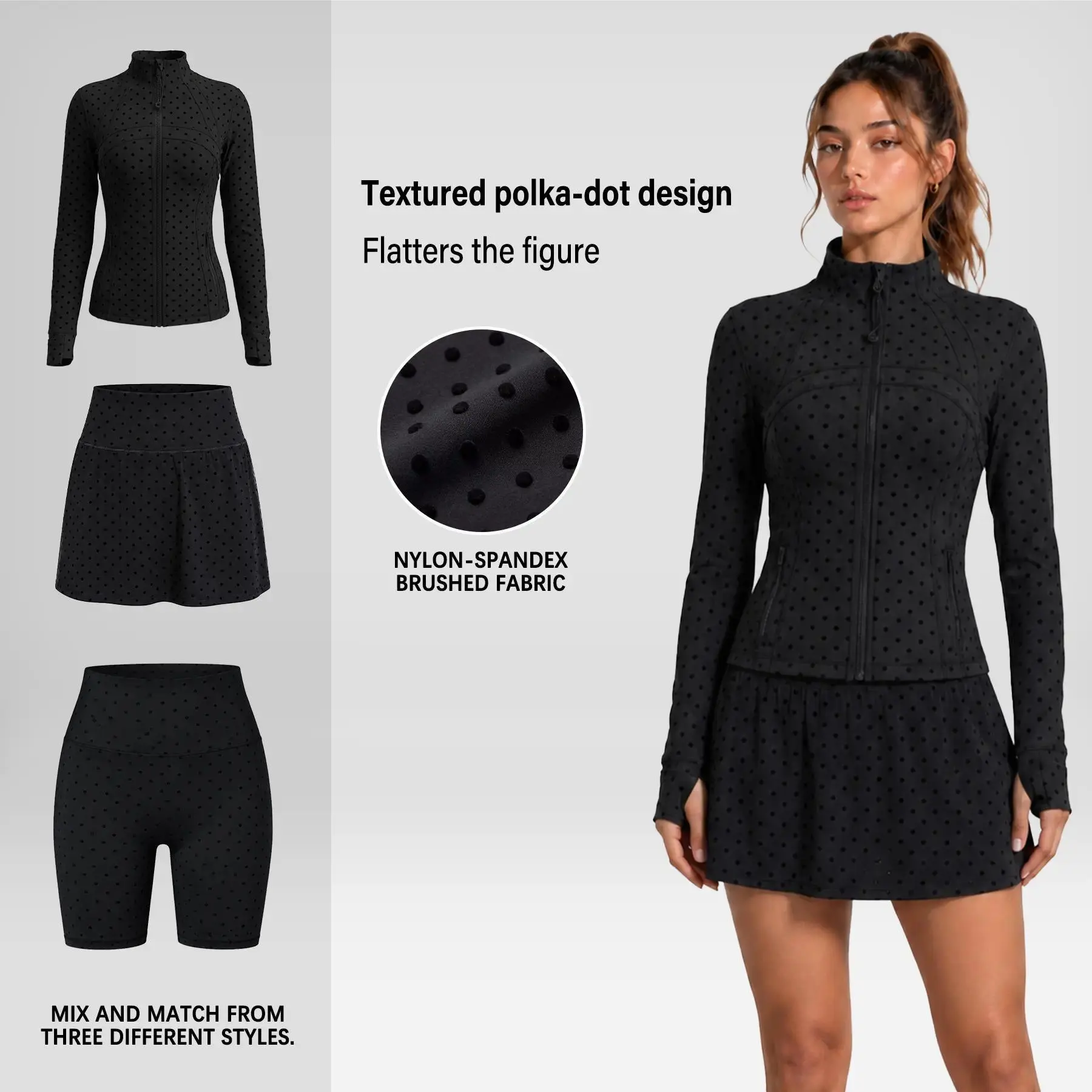 Women's Full Sleeves Zip Up Jacket - Polka Dot Set, Stand Collar, Textured Slim Fit Nylon Blend Spandex Brushed Stretchy Athletic Outerwear, Matches Tennis Skirt/Shorts for Yoga, Running