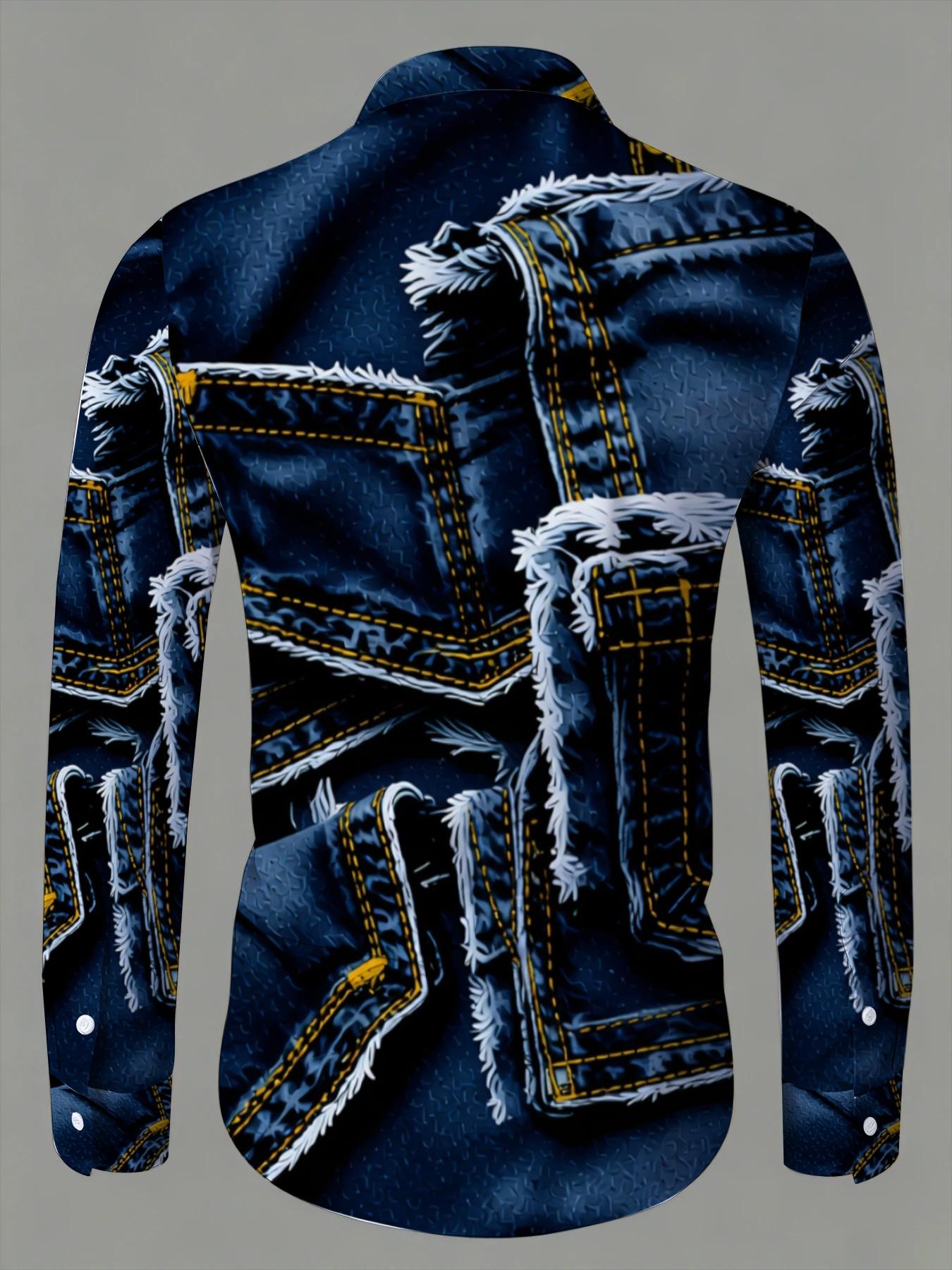 Men's Long Sleeve Casual Collared Shirt, Fashion Trendy Denim Pattern Print Design, Personalized Printed Casual Versatile Top, Casual Fabric Clothing