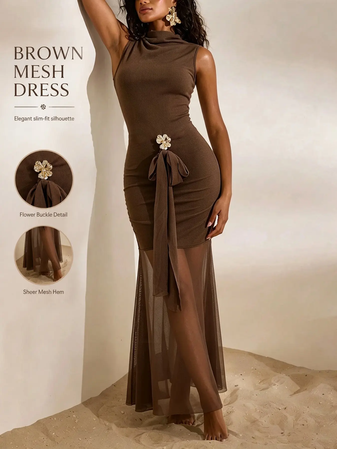 Women's Sexy Ruched Bodycon Dress with Sheer Mesh Overlay, Sleeveless High Neck Maxi Illusion Dress, Gold Detail Waist, Elegant Night Out Party TikTok Viral Dress