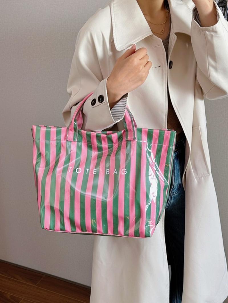Valentine's Day New Sweet Fresh Stripe Tote Bag, Shiny PVC Large Capacity Commuter Bag, Casual Trendy Bag, Perfect for Spring Summer Shopping