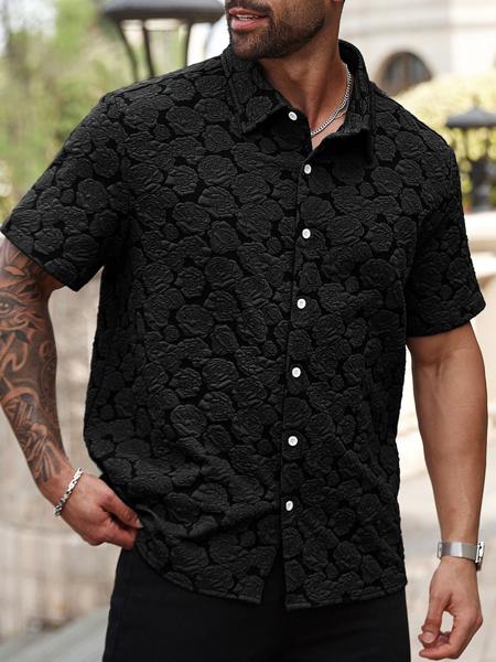 Men's Casual Short Sleeve Shirt with Rose Pattern, Casual Party Shirt, Retro Luxe Textured Coffee Shirt for All Seasons, Great Gift for Boyfriends