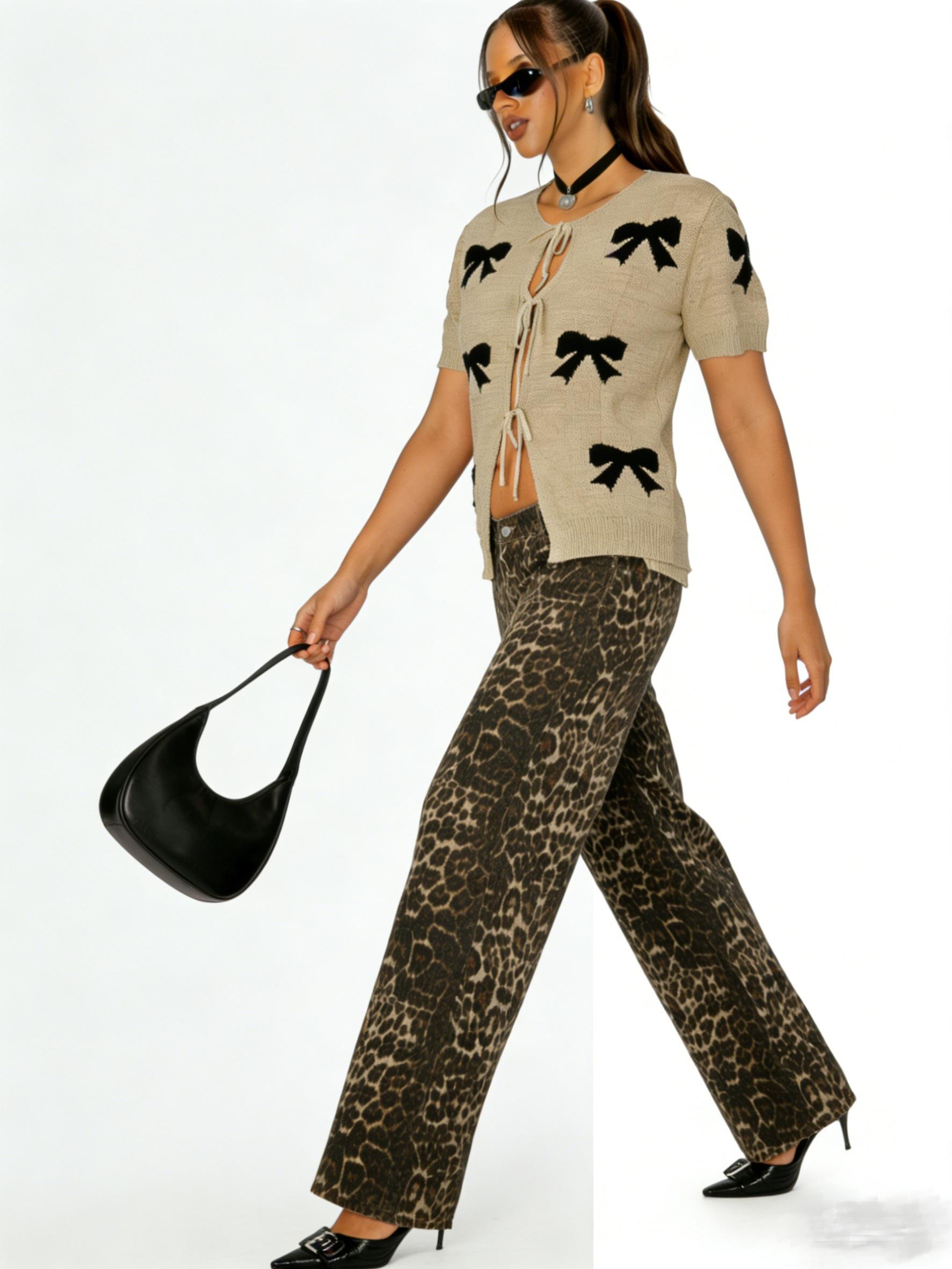 Playful Contrast Beige-black Bow Jacquard Design Tie-front Open Knitwear Cardigan, Casual Soft Neutral Short Sleeve Knits Sweater, 2026 Summer Coastal Vacation Cool Girl Fashion Sexy Tie Top, Coquette Aesthetic Fashion Style, Y2K Retro Vintage Style