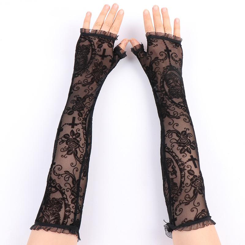 Half-finger lace sun protection gloves long arm sleeve set performance costume fingerless dark gothic cosplay accessories