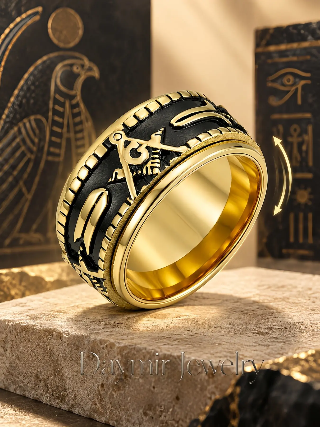 Unisex Gold‑Tone Titanium‑Steel Spinner Ring With Black‑Enamel Mason Square‑and‑Compass Symbol, Vintage Mystical Anxiety‑Relief Stainless Steel Fidget Ring, Fidget Anxiety Rings. Multiple Colors Available, Sizes 7‑13.