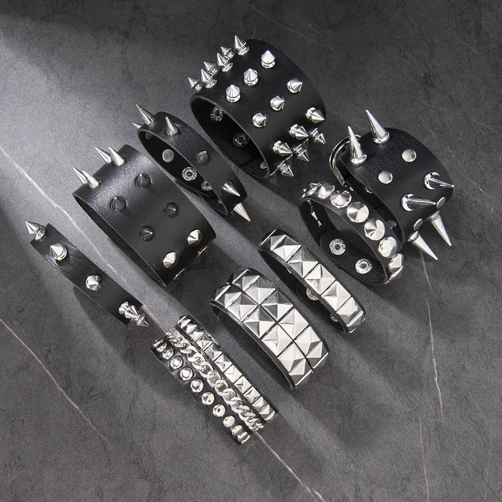 3/7Pcs Punk Style Wide Spiked Cone Rivet Faux Leather Bangle, Biker Rock Individual Wrist Accessory