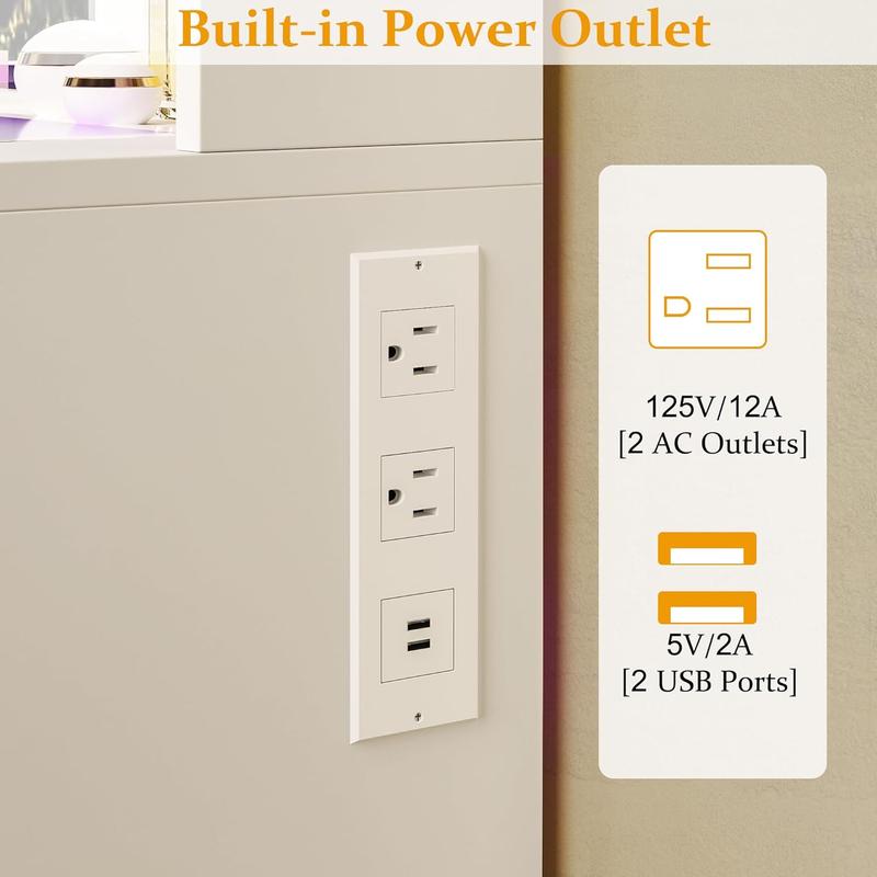 Vanity Desk, Makeup Vanity Desk with Mirror and Lights 3 Colors, Transparent Top with 3 RGB Drawers, 6 Shelves, 2 Large Tempered Cabinets, Power Outlet, for Bedroom, White