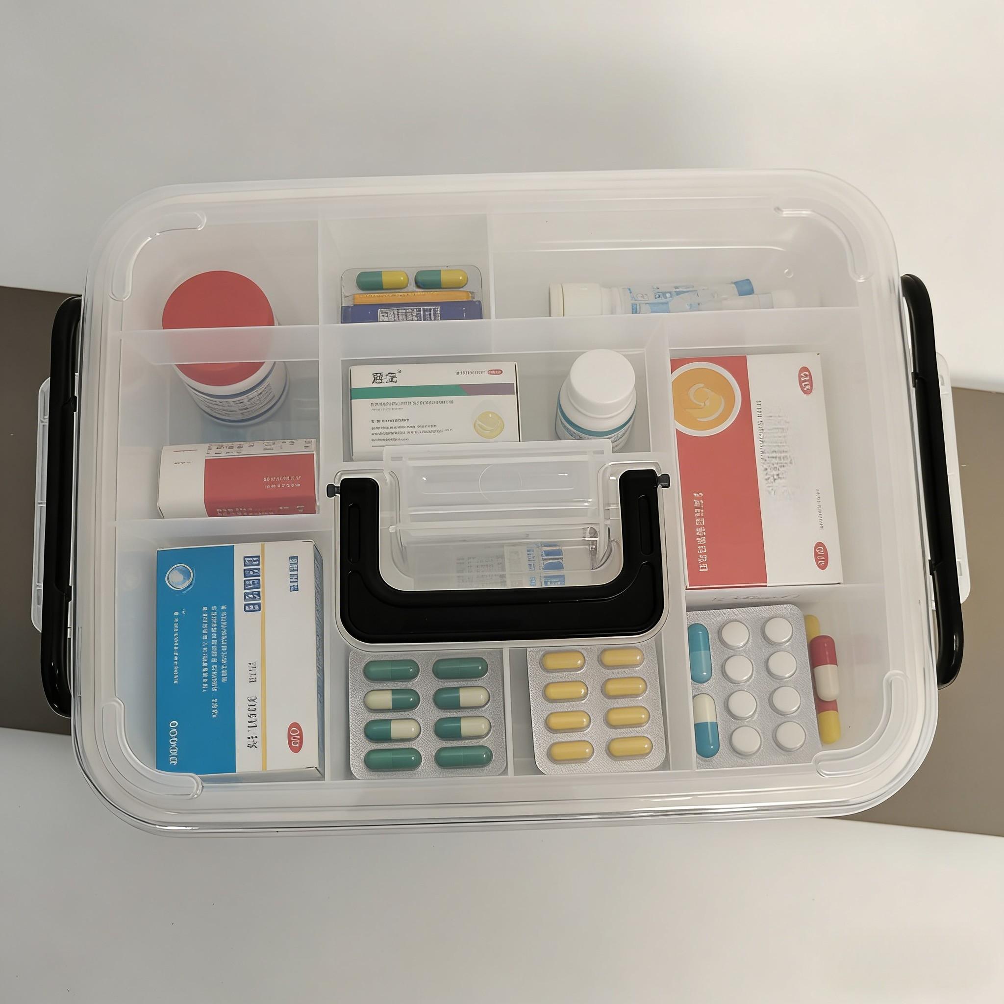 Durable Dual-Layer Medicine Storage Box with Handle, Transparent Waterproof Design, Multiple Compartments for Home & Travel Use
