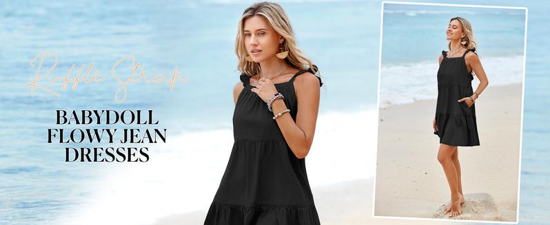 Danedvi Womens Summer Denim Dress Square Neck Ruffle Trim Sleeveless Babydoll Dress Flowy Jean Dress with Pockets