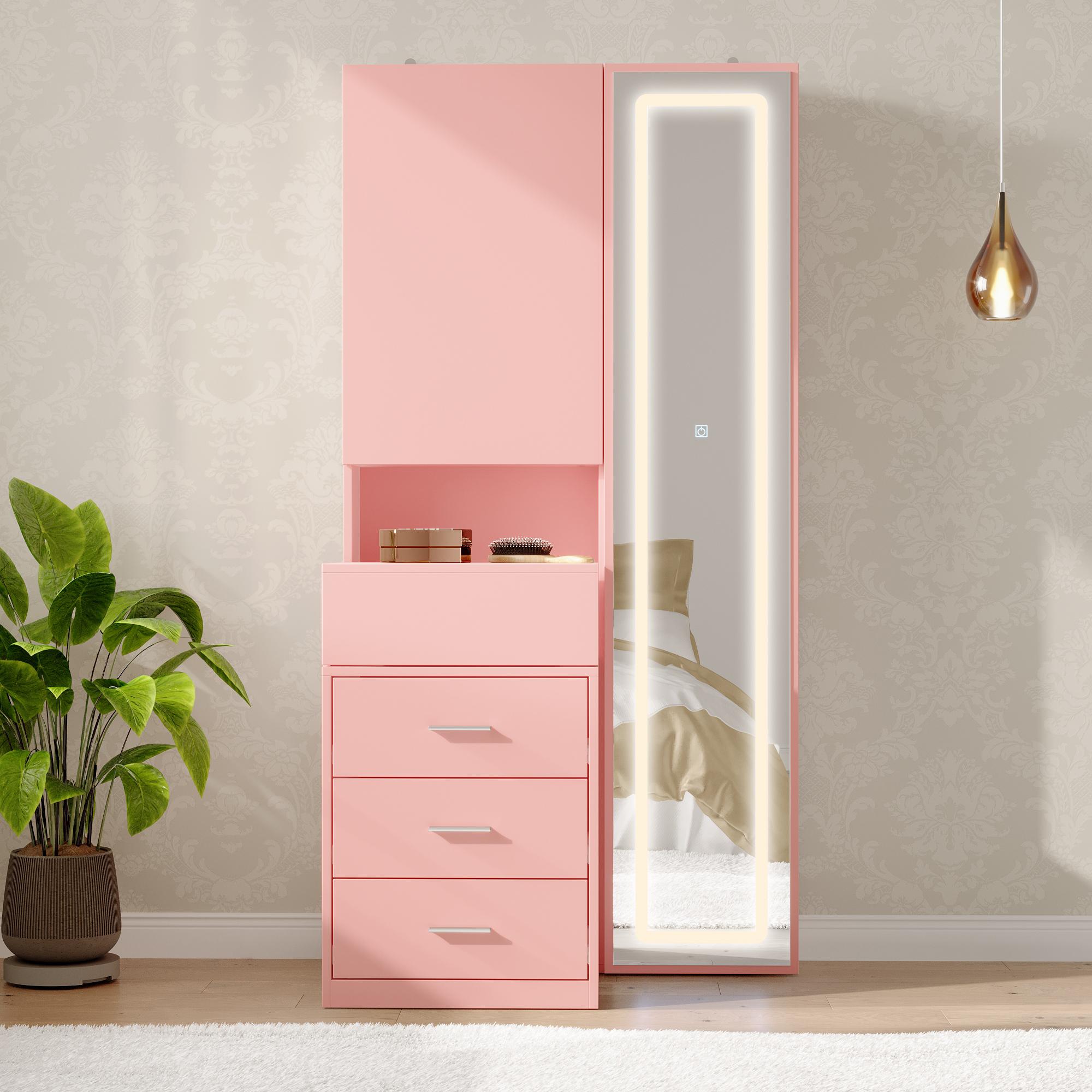 FUFU&GAGA Makeup Vanity Desk with Mirror and 3-Colors Lights, Dressing Table with 3 Drawers and Door Sliding Tabletop