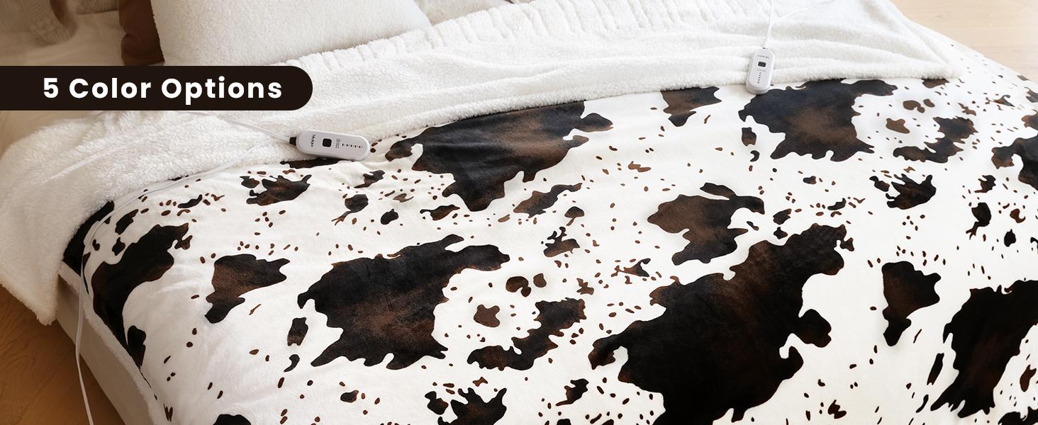 【Buy 2 get 1 poker blanket free】Blunique Cow-Print Heated Blanket, 5 Heat Levels, 4H Auto-Off, Machine Washable, Sherpa Flannel