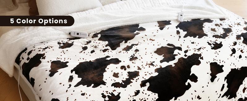 【Best Gift】Blunique Cow-Print Electric Heated Blanket 5 Heat Levels 4-Hour Auto-Off Machine Washable Cozy Household Automatic Shutdown Sherpa Flannel 50x60 Inches