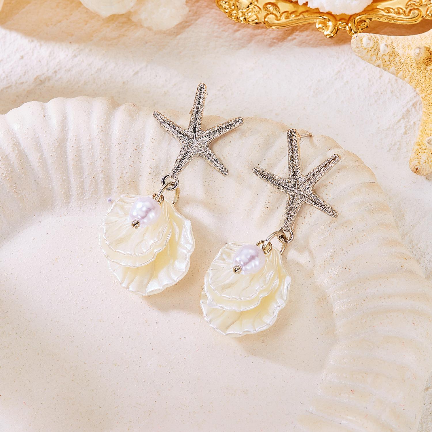 Stylish Beach Vacation Inspired Starfish Pearl and Seashell Dangle Earrings for Women Trendy Summer Resort Jewelry Gift