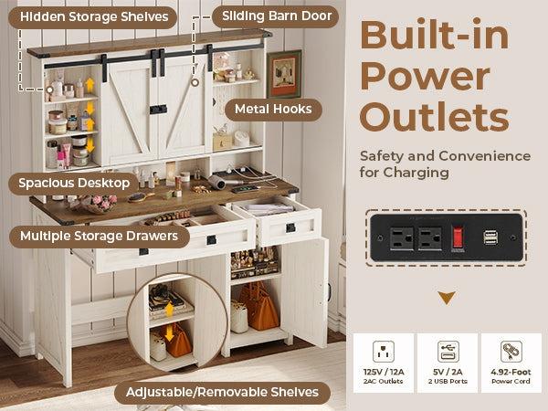 Sikaic Sliding Mirror Makeup Vanity With Lights & Barn Doors Charging Station Jewelry Hooks And Open Storage Shelves Modern Drawer