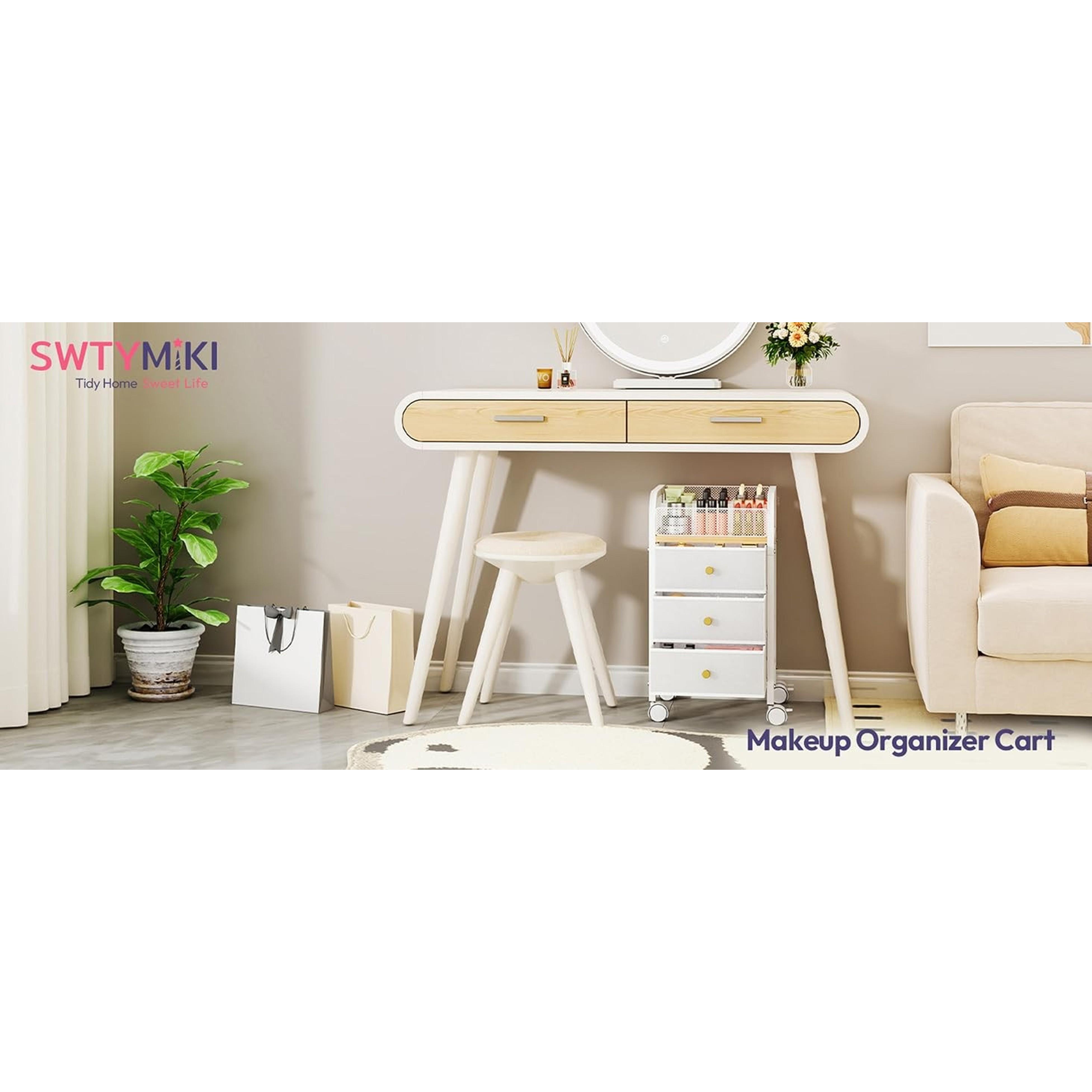 Rolling Makeup Organizer Cart - Under Desk Vanity Makeup Storage with 3 Non-woven Drawers, Nail Cart Organizer Cosmetic Display Cases Cabinet for Skin Care Perfume Nail Polish Brush Hair Tool