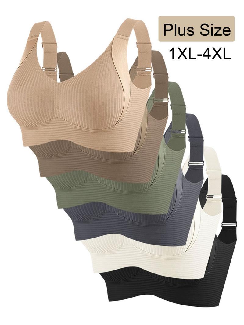 Women's Seamless Bra Set of 6, Wide Shoulder Straps, Medium Support, Plain Pattern, Sizes 1xl-4xl, Casual Daily Wear
