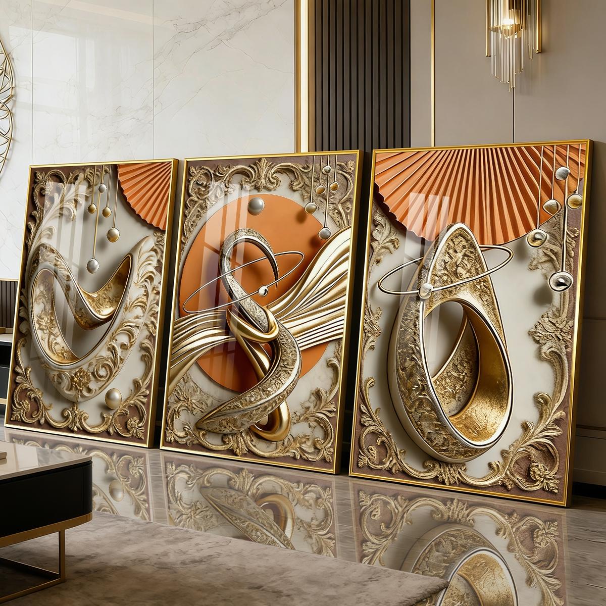 3 Counts Aluminum Alloy Framed Painting, Abstract Gold And Beige Geometric Art Pictures, Home Decoration For Living Room, Bedroom, Office, Restaurant, Hallway Wall Decor, Odorless Print Artwork, Luxury Perfect Gift For Friends And Family