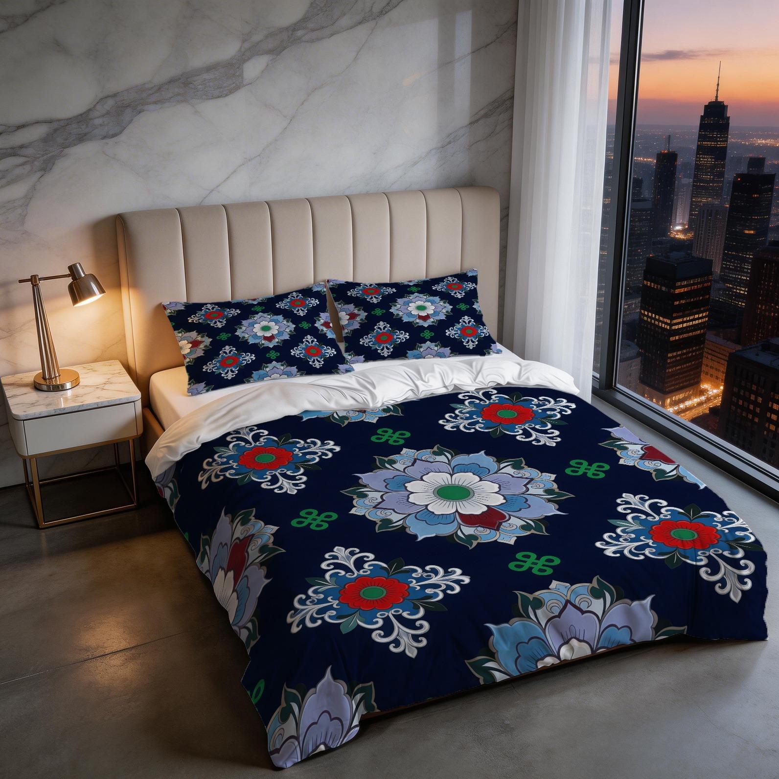 2/3 Piece Vintage Floral Mandala Duvet Cover Set, HD Digital Printed Comforter Cover, Soft Breathable All-Season Bedding Set with Zipper & Corner Ties, No Inserts for Bedroom Decor