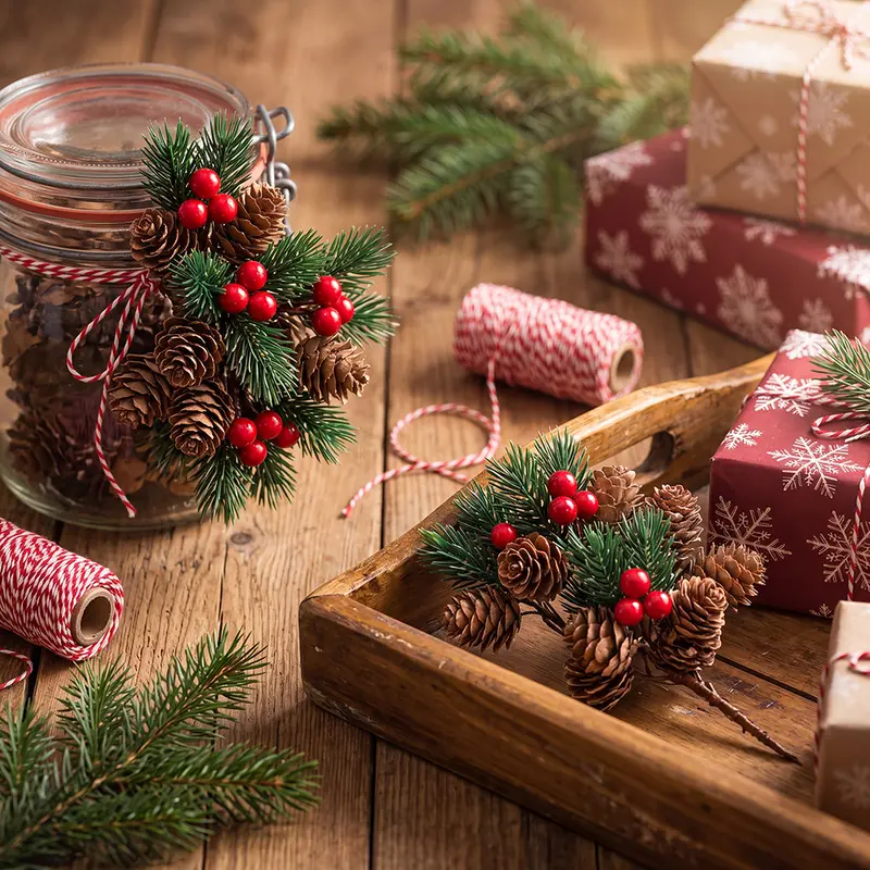 10 pieces of Christmas mini pine needles in a natural forest style, Decorative ornaments, complete with pine needles, pine cones, and berries, suitable for home decorations, DIY gift wreaths and greeting card modifications