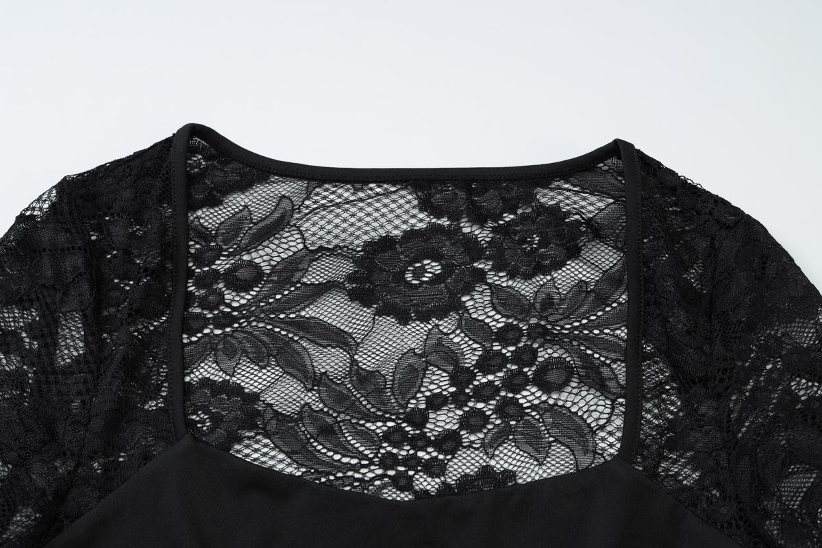 Women's Solid Color Lace Floral Spliced Ruffles Trim Sheer Long Sleeve Tee, Sexy Flower Pattern Designed Slim-fit T-shirt for Party Club Holiday, Ladies Summer Clothes, Top