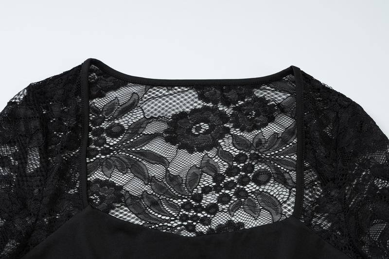 Women's Solid Color Lace Floral Spliced Ruffles Trim Sheer Long Sleeve Tee, Sexy Flower Pattern Designed Slim-fit T-shirt for Party Club Holiday, Ladies Summer Clothes, Top