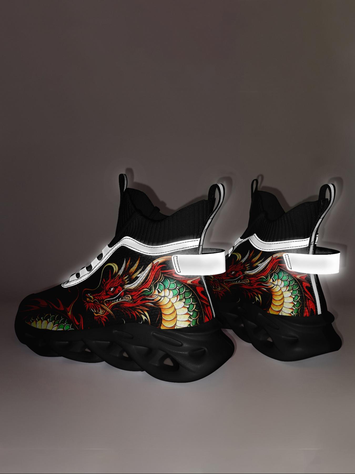 Men's Dragon Print Lace Up High Top Sneakers, Casual Sporty Breathable Comfortable Blade Soles Running Shoes, Male  Round Toe Sports Shoes for Daily Wear