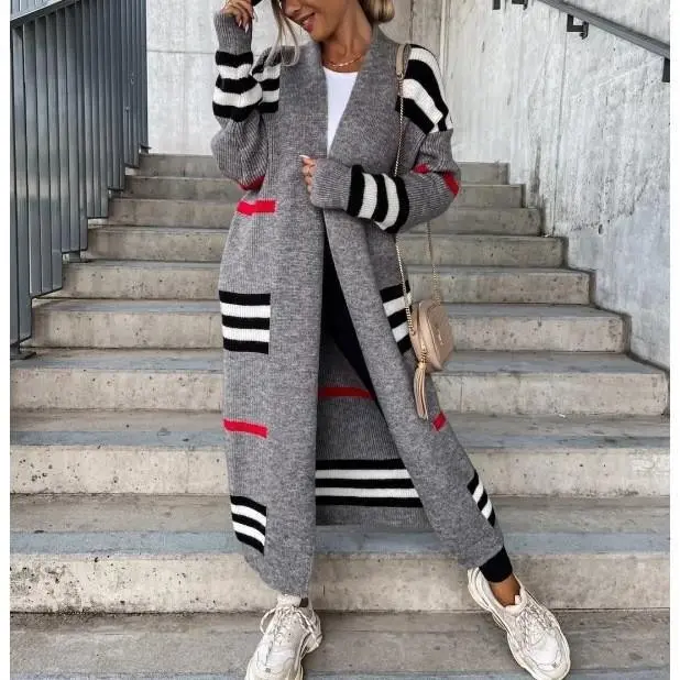 Long Striped Knit Cardigan Sweater Jacket