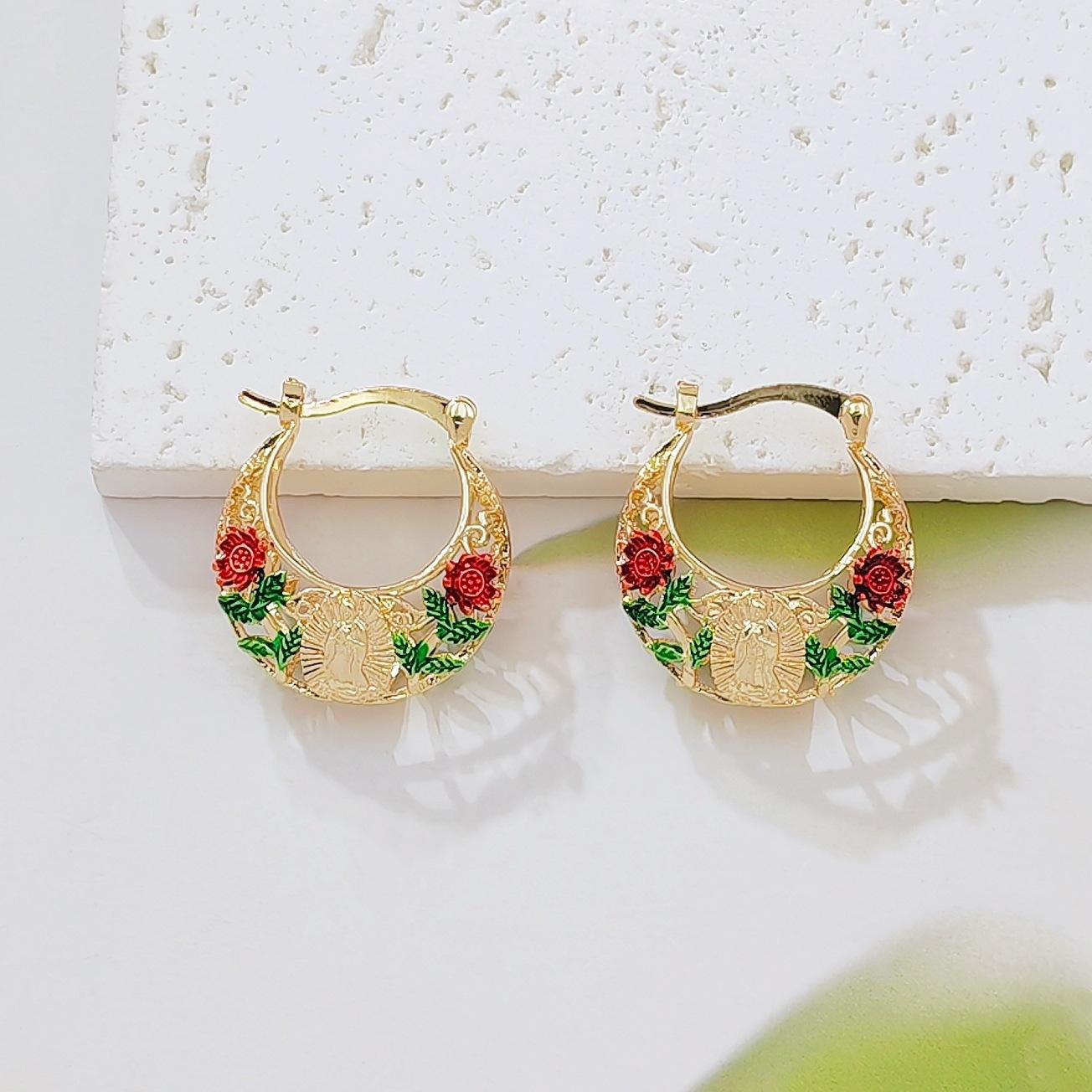 European‑Style Virgin Mary Enamel Hoop Earrings, Gold‑Plated Hollow Ear Rings With Colorful Red‑Green Rose Patterns, Fashion Retro Ear Jewelry For Daily Matching And Party Occasion Styling