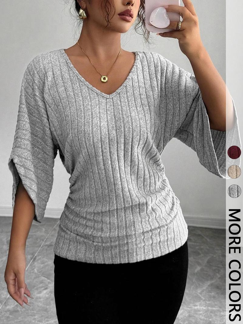 Women's 1pc Solid Color Ribbed Batwing Sleeve V-Neck Blouse Soft Stretchy Knit Fabric & Relaxed Batwing Sleeve Design & Vertical Ribbed Texture & V-Neck Silhouette & Curved Hem Detail，batwing shirts