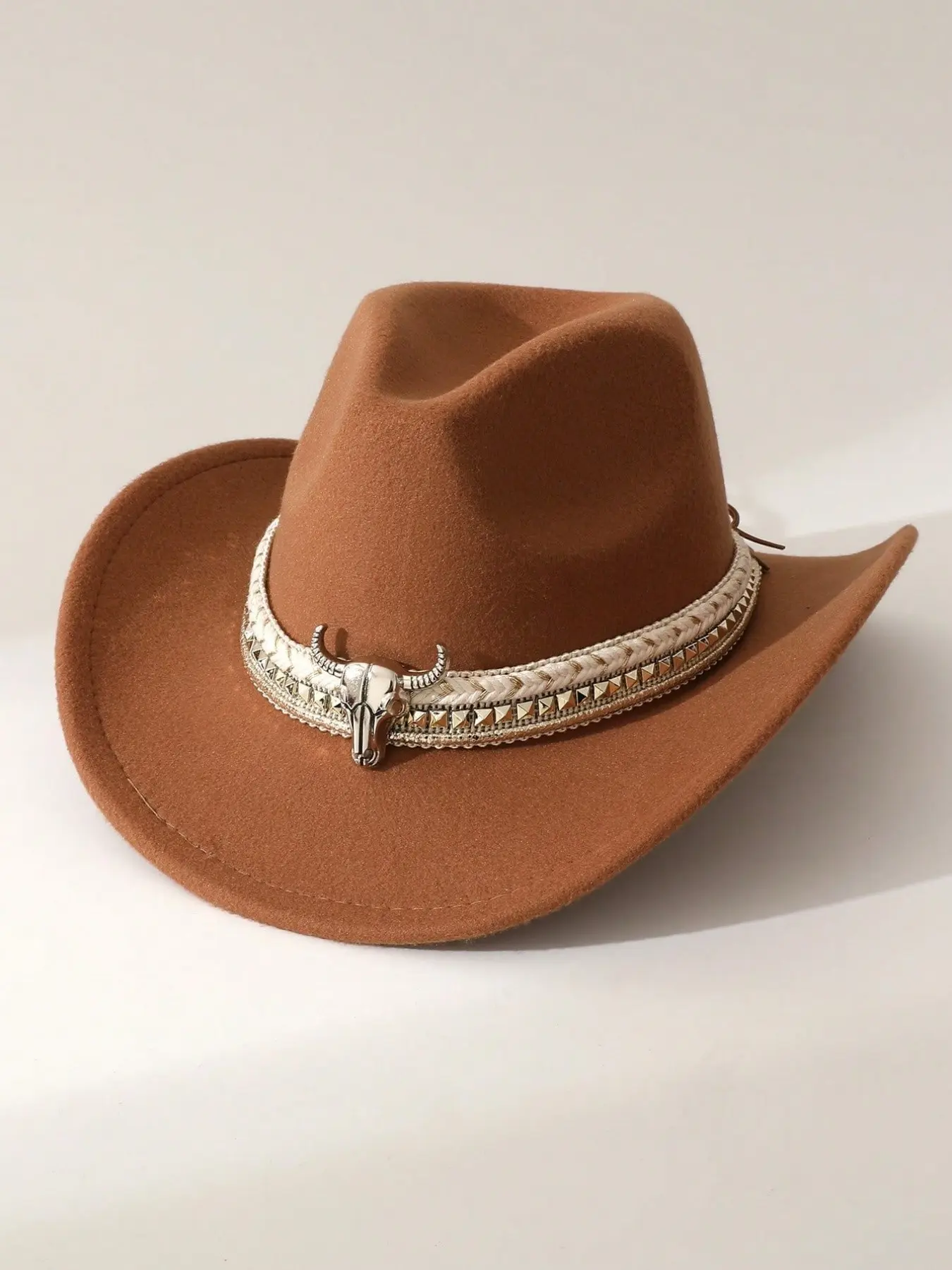 Western Cowboy Hat for Women and Men, Felt Plain Brimmed Fedora, Silver Color Bull Head Braided Rivet Double Layer Belt Decor, Boho Style