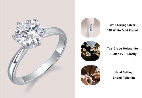 Classic Six Claws 0.5/1/2/3/5 Carats Solitaire Synthetic Moissanite Rings for Women 925 Sterling Silver Rings with 18K White Gold Plated Shiny Lab Create Diamond Promise Wedding Rings Birthday Anniversary Party Gifts