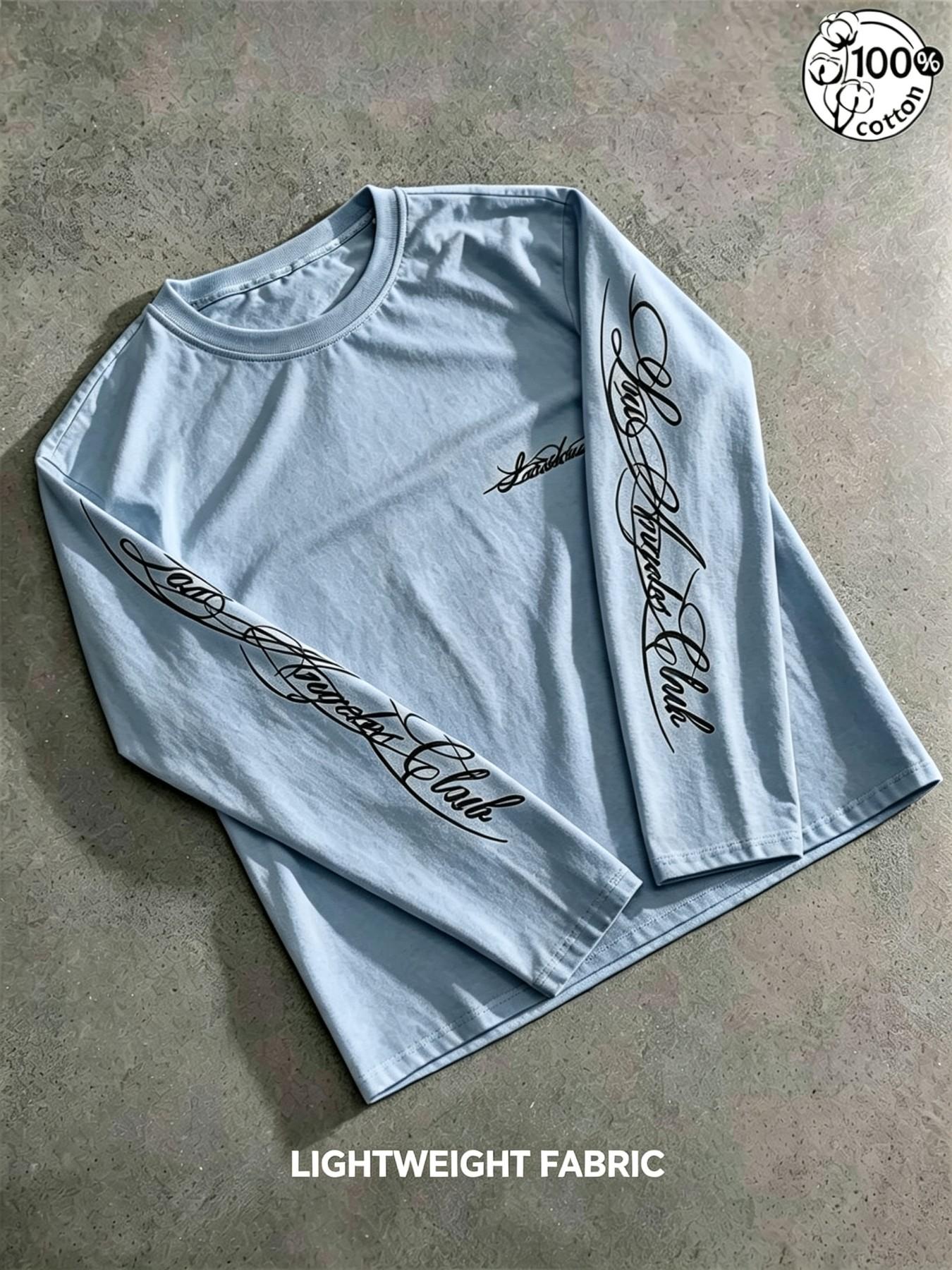 Unisex 100% Cotton Multi-Color Vertical Sleeve Script Lettering Long Sleeve Tee Mini Chest Logo Chicano American Streetwear Oversized Casual Top