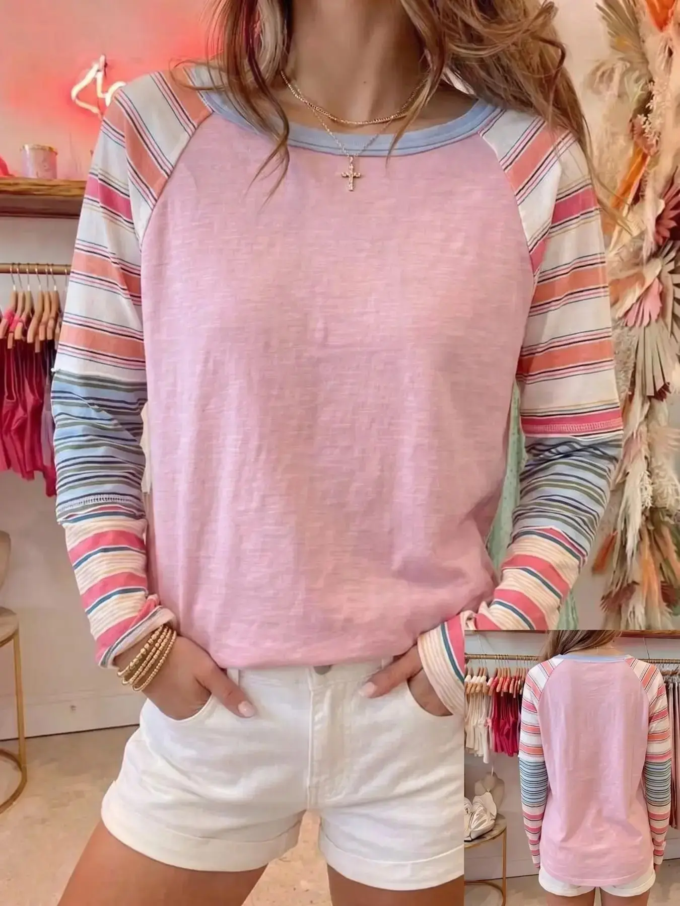 Women's Colorful Striped Raglan Long Sleeve T-Shirt, Round Neck Patchwork Loose Fit Casual Top, Graphic Pattern, Plain Surface