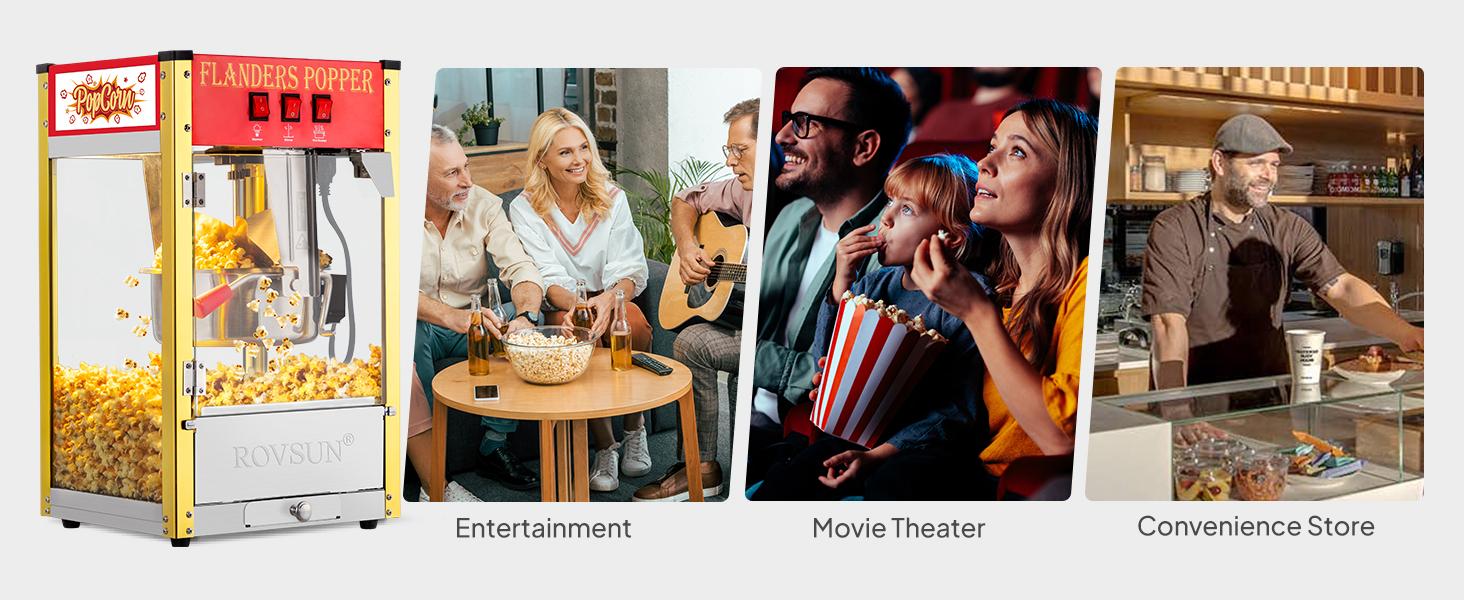 ROVSUN Popcorn Machine with 8/10/12/16 Ounce Kettle Makes Up to 32 Cups, Commercial Popcorn Machine Countertop Popcorn Maker w/Stainless Steel Scoop, Oil Spoon & 3 Popcorn Cups for Home Movie Theater