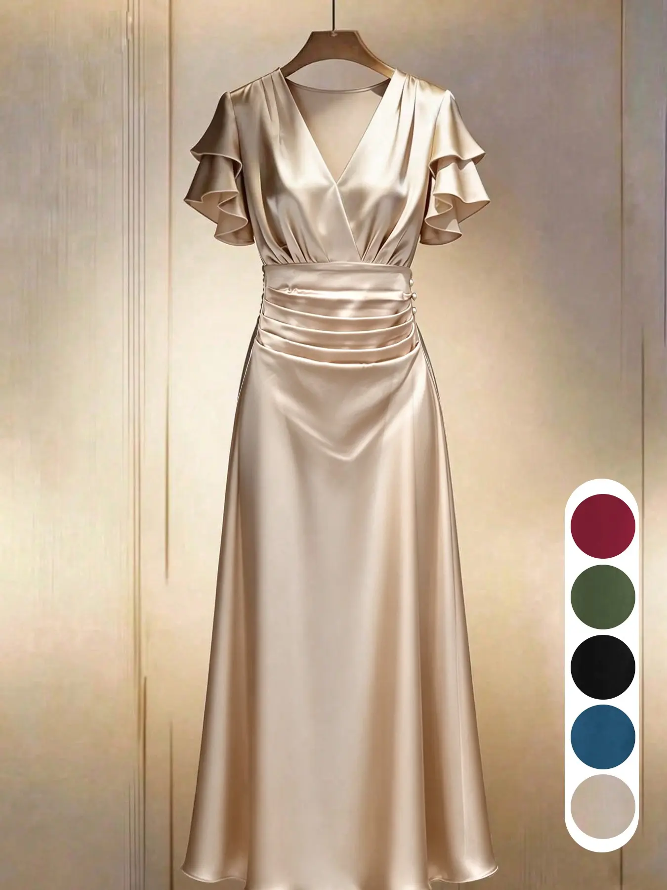 Women Satin Woven Long Dress, V‑Neck Ruffle Short Sleeve Ruched Waist Pearl Detail Chic Formal Evening Bridesmaid Wedding Guest Party Maxi Dress