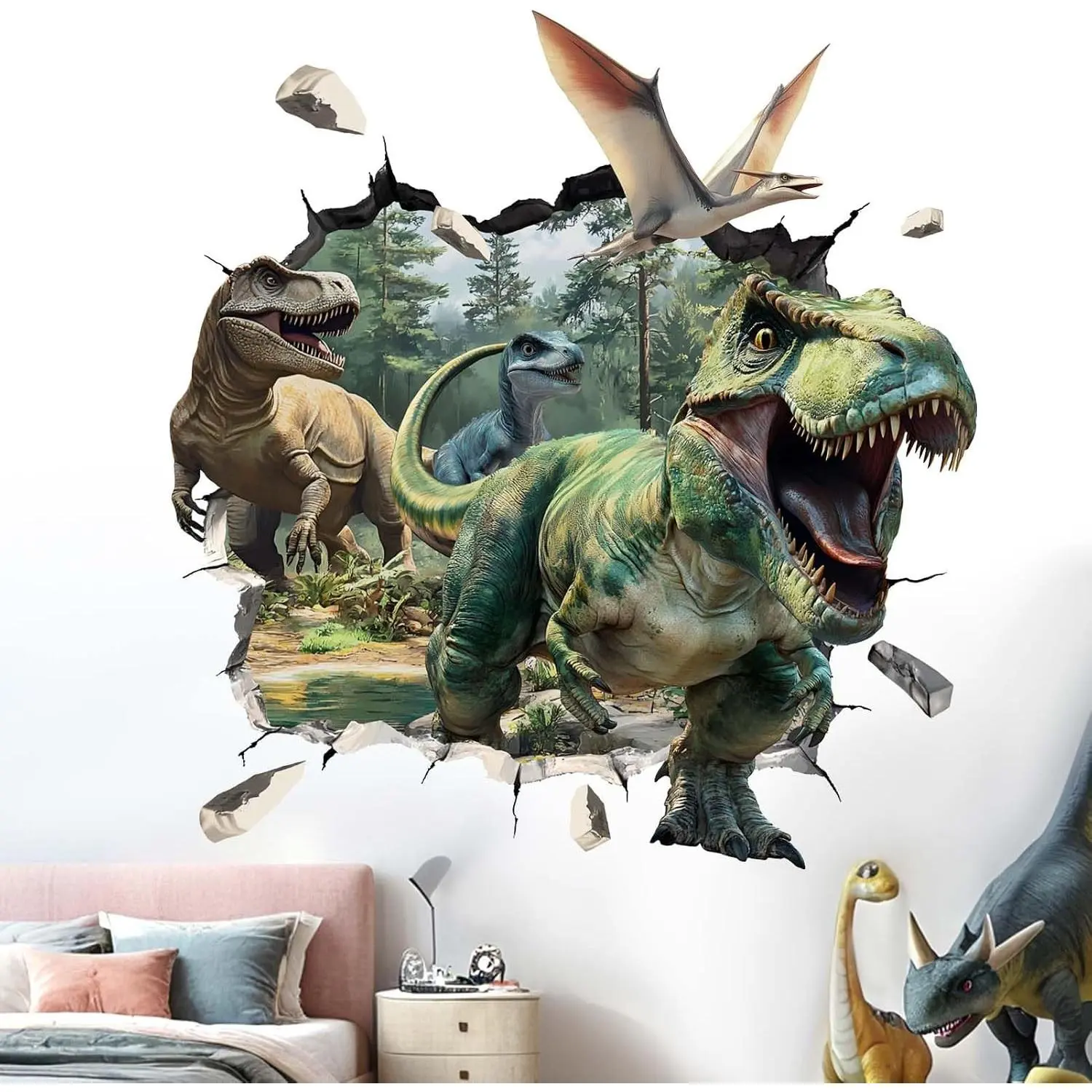 3D Dinosaur Wall Stickers with Tropical Palm Tree Leaves - Nursery Kids Baby Boys Room Daycare Playroom Classroom Wall Decor(Gift)
