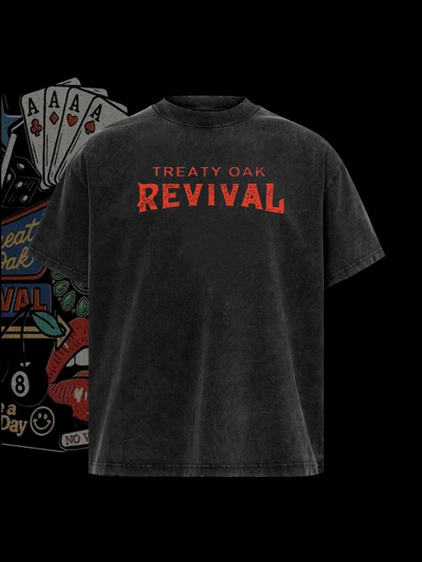 Vintage Treaty Oak Revival Western Cotton T-Shirt, Graphic Denim Pattern, Casual Comfortable Fit, Men's & Women's Fall Winter Top