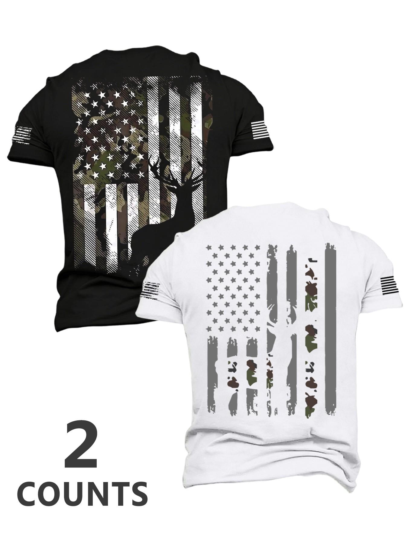 New Summer Men's Patriotic Style Deer & Flag Print T-Shirt Set Soft Breathable Short Sleeve Tees, Multiple Colors, Ideal Gift, Trendy Summer Tee