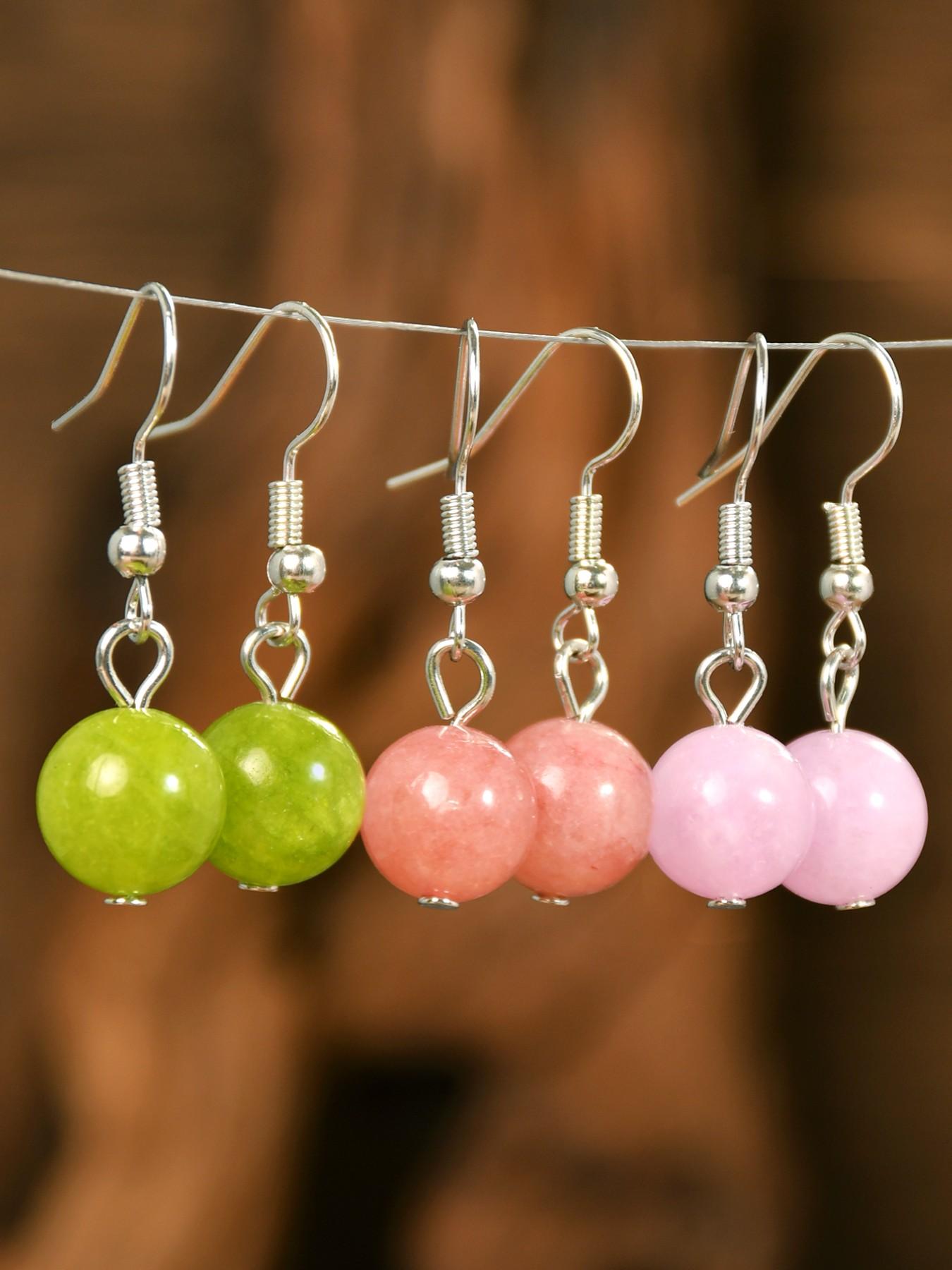 3 Pairs Fashion Natural Stone Earrings, Summer Fresh Peridot & Lavender Quartz & Sunstone, Round Bead Dangle Jewelry, Vacation Accessories