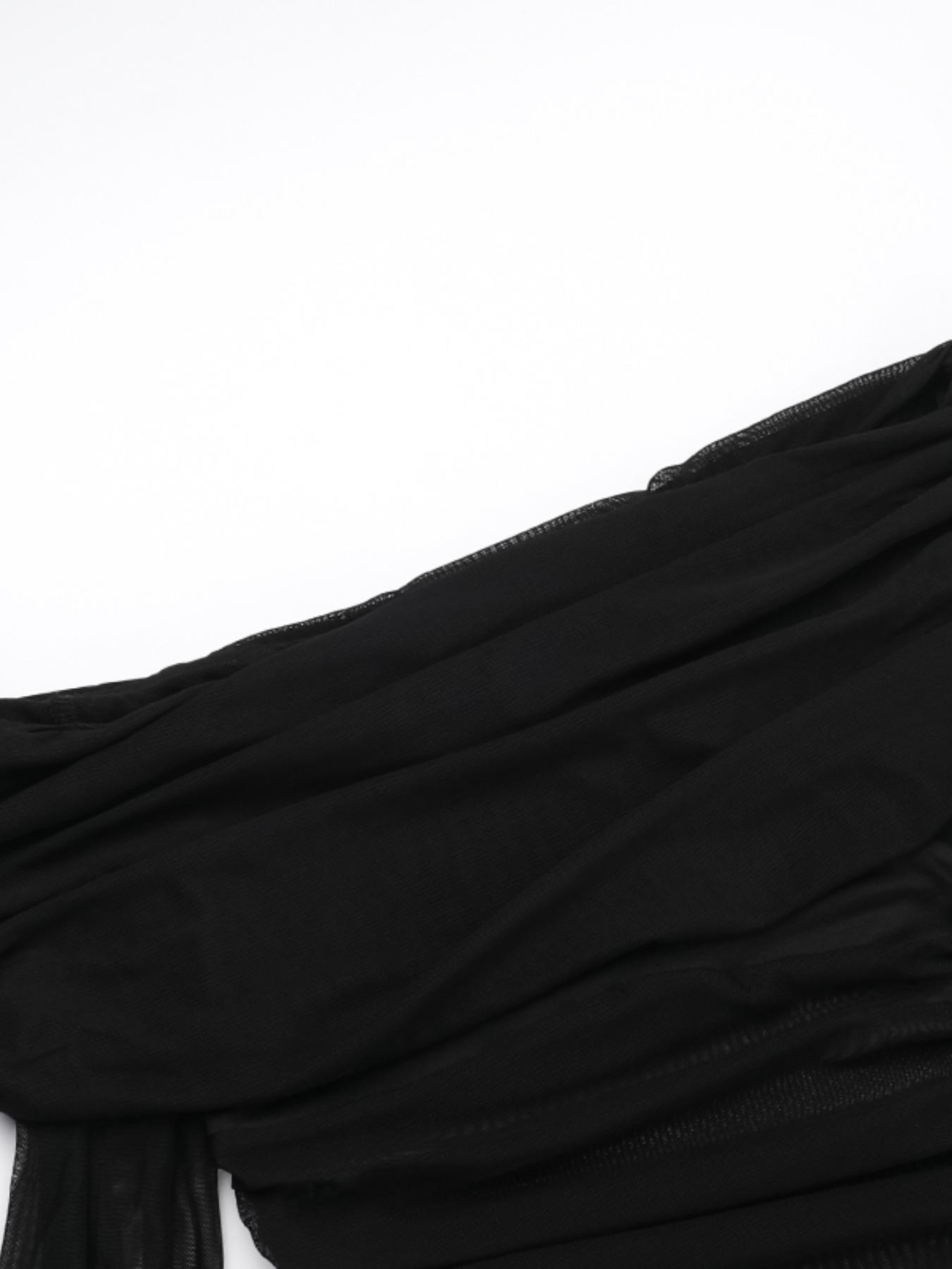 Women's Plain Off Shoulder Ruched Sheer Mesh Dress, 2025 Elegant Long Sleeve Long Dress for Party Banquet, Ladies Summer Clothes