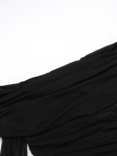 Women's Plain Off Shoulder Ruched Sheer Mesh Dress, 2025 Elegant Long Sleeve Long Dress for Party Banquet, Ladies Summer Clothes