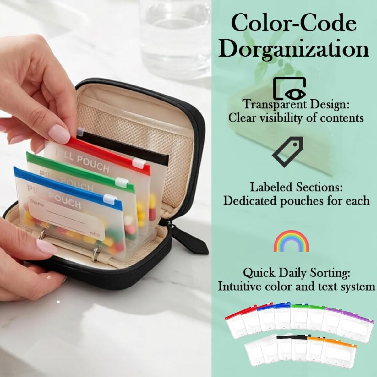 Waterproof Pill Pouch Set, 14pcs Reusable Zippered Pill Organizer Bags with Color-Coded Labels, Travel Medication Storage for 7-14 Days of Vitamins, Fish Oil & Daily Supplements