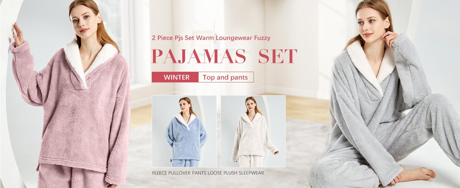 Yimoon Women' s Fluffy Pajamas Set Fleece Pullover Pants Loose Plush Sleepwear 2 Piece Pjs Set Warm Loungewear Fuzzy Outfits