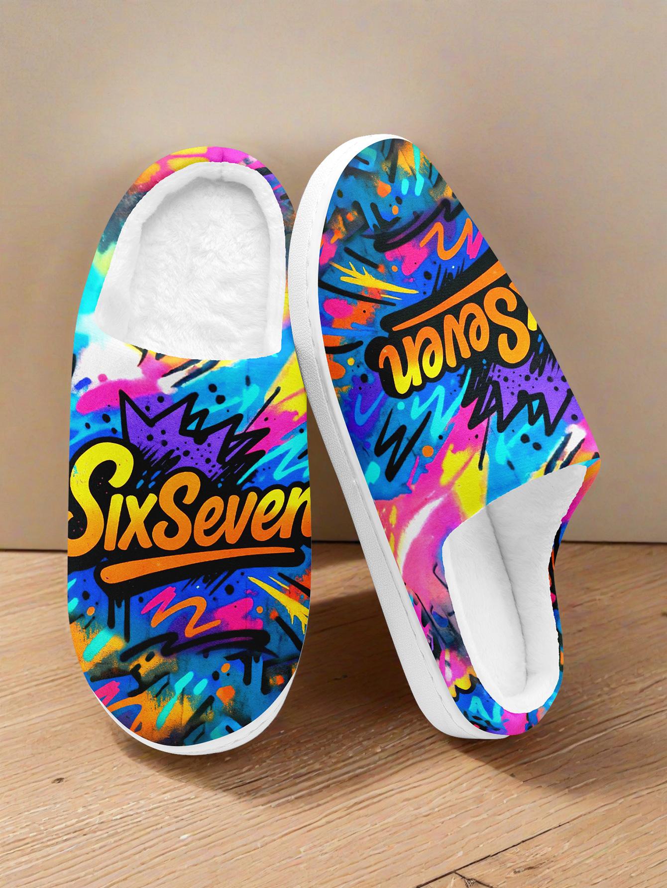 Men's Plus Size "SixSeven" Colorful Graffiti-Pattern Warm Indoor Slippers - Comfortable Cozy Home Footwear for Autumn & Winter