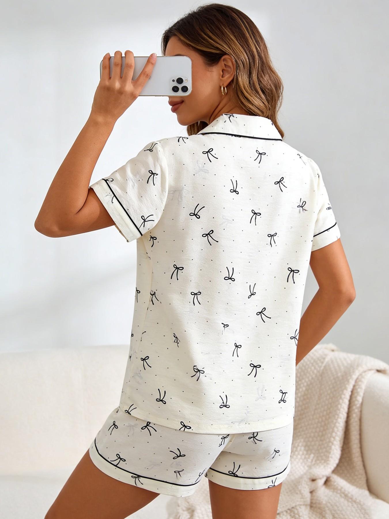 Women's Short Sleeve Button Down Top and Shorts Pajama Set, Spring Summer Wear, For French Lazy Commuter Girls, Cream Base Black Bow & Polka Dot Print, Classic Lapel Collar, Loose Fit, Comfortable For Home & Short Trips
