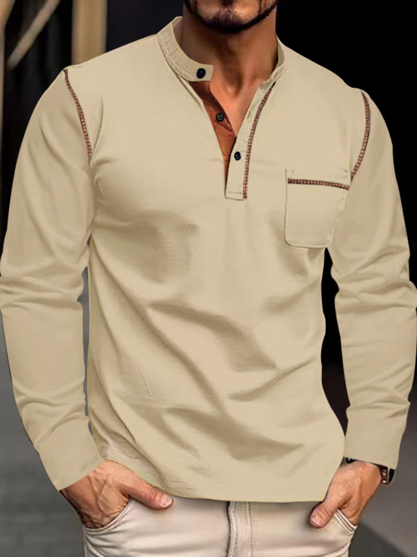 Men's Regular Fit Long Sleeve Pocket T-shirt, Casual Button Front Mock Neck Top for Spring & Fall, Fashion Men's Clothes for Daily Wear