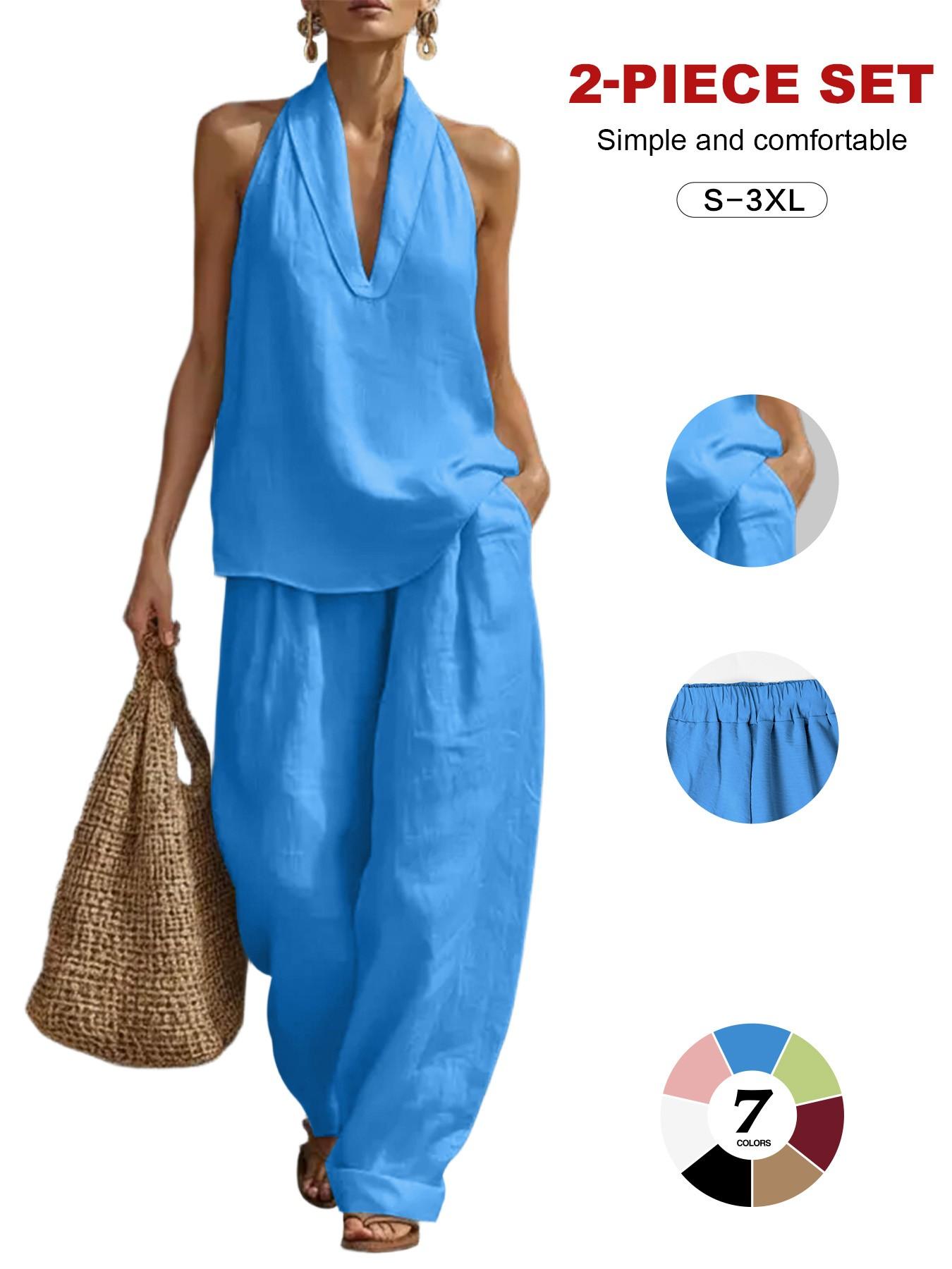 2026 Women's Linen Set, 2-Piece, Halter V-Neck Top, High-Waist Wide-Leg Pants, Casual Summer Beach Loungewear, Comfortable & Stylish