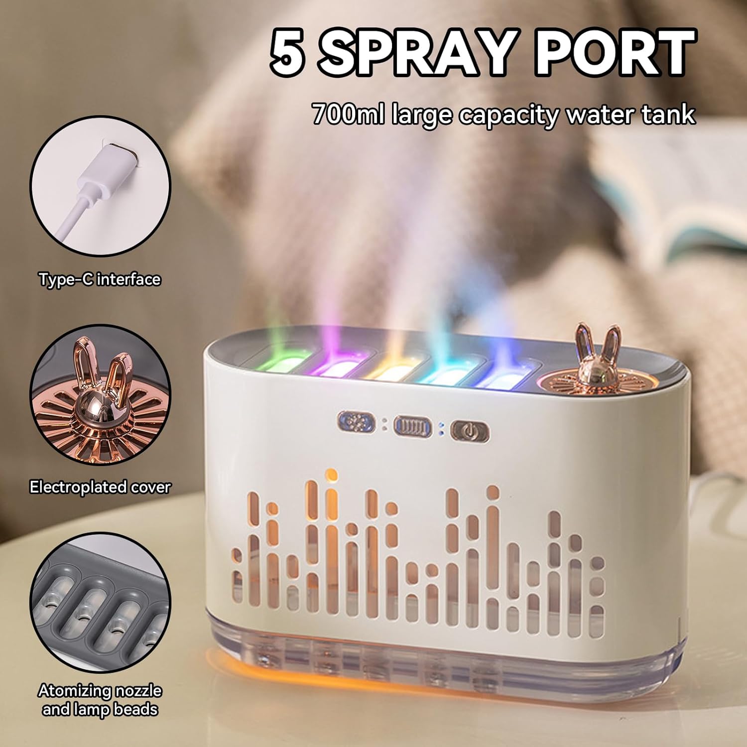 Music Sensor Humidifier Diffuser with Colored Flame and Sound Spray, 700ml, USB Powered Humidifier, with Aromatherapy Essential Oils, 7-Color LED Auto-Off, Timer, for Bedroom, Home Office, Fragrance Machine