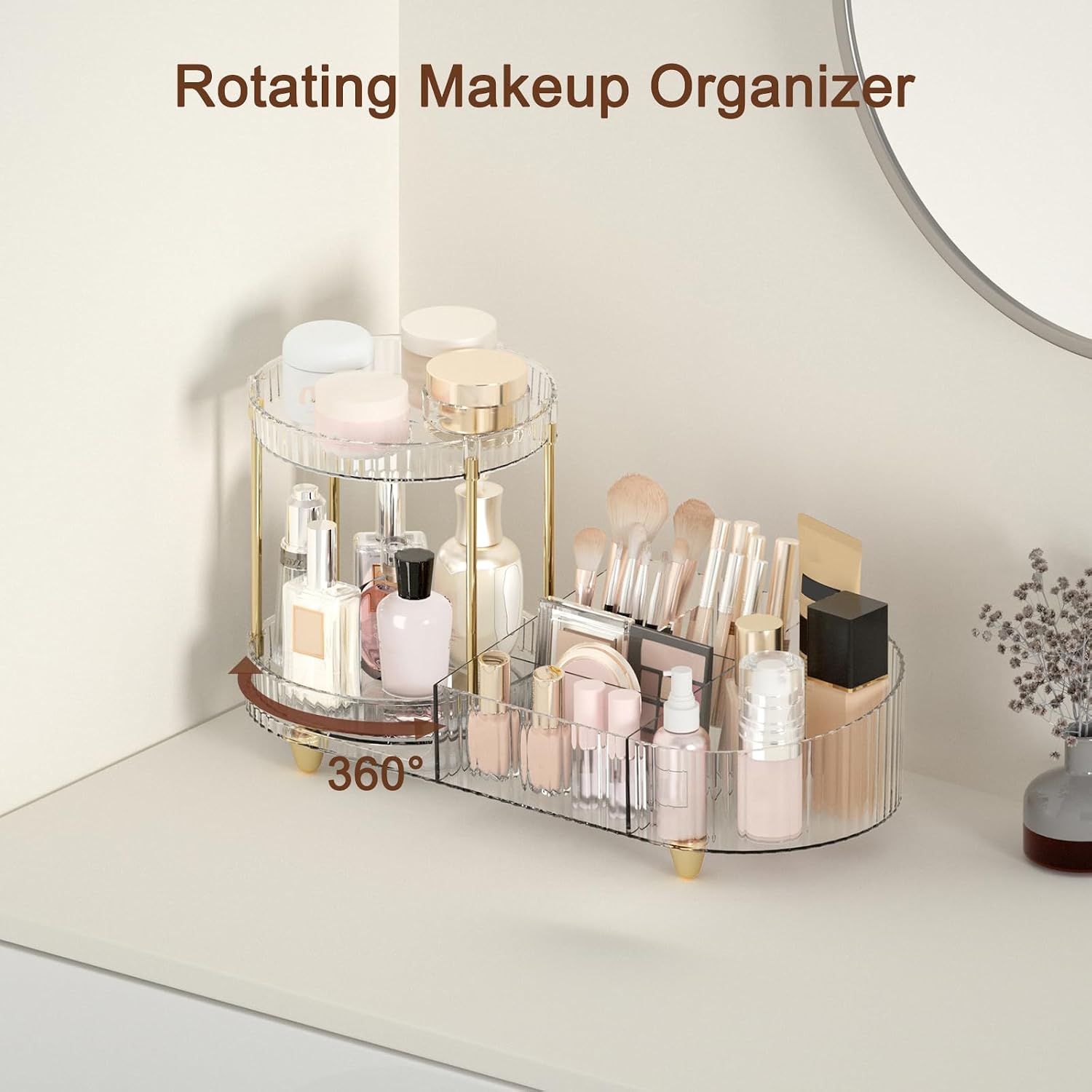 Makeup Organizer Countertop for , Rotating Perfume Tray with 5-compartment  and Skincare Organizers, Multi-Purpose Desk Storage Makeup Brush Holder for Bathroom Bedroom Counter