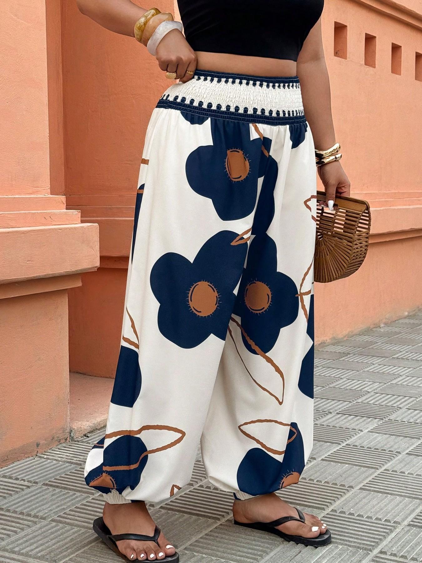Women's High-Waisted Lantern Pants, Fashion Elastic Cuffed Long Pants for Holiday, Floral Print, Comfortable and Stylish Summer Wear, Casual Trousers, Ladies Bottoms, Womenswear